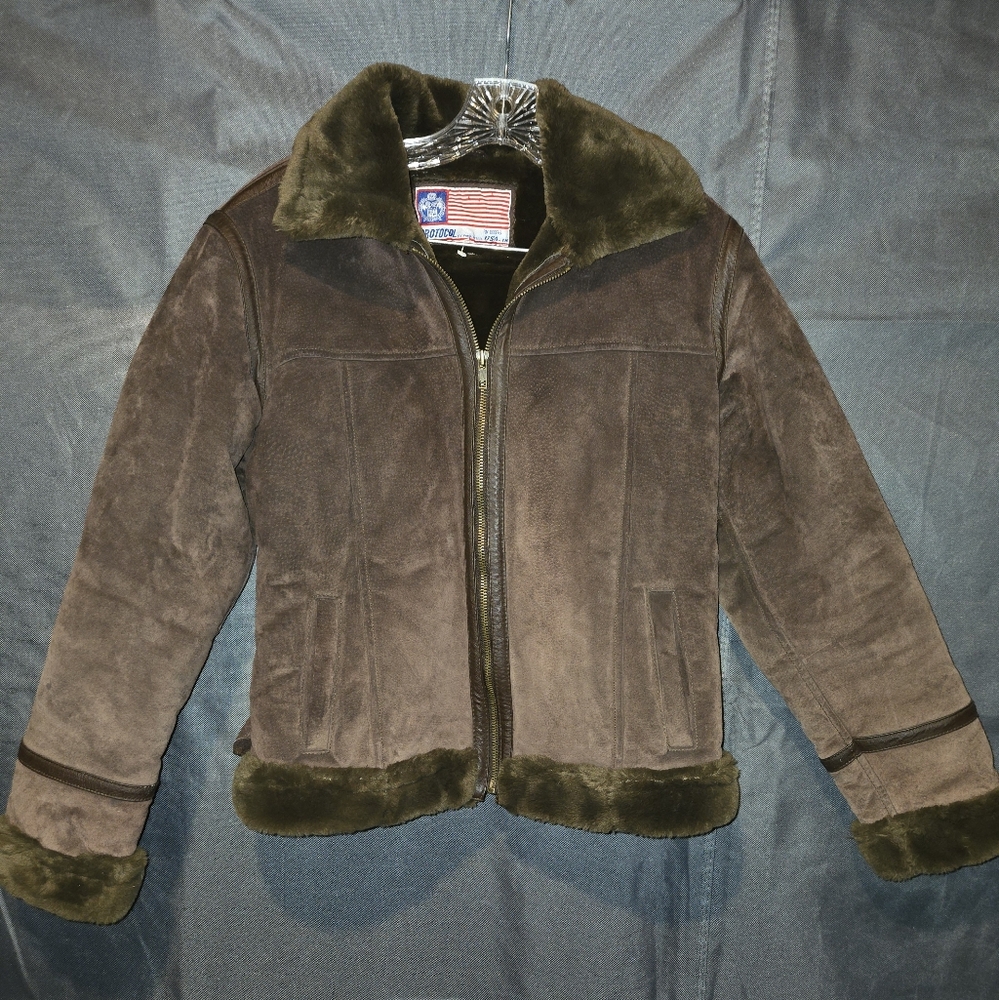 Brown Leather Suede Jacket with Fur Trim